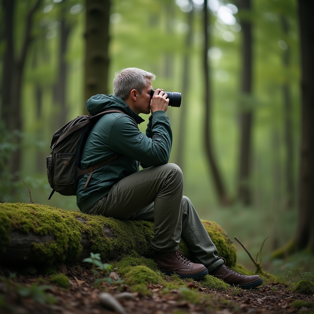 Fotograf obserwujący dzikie zwierzęta z bezpiecznej odległości przez lornetkę