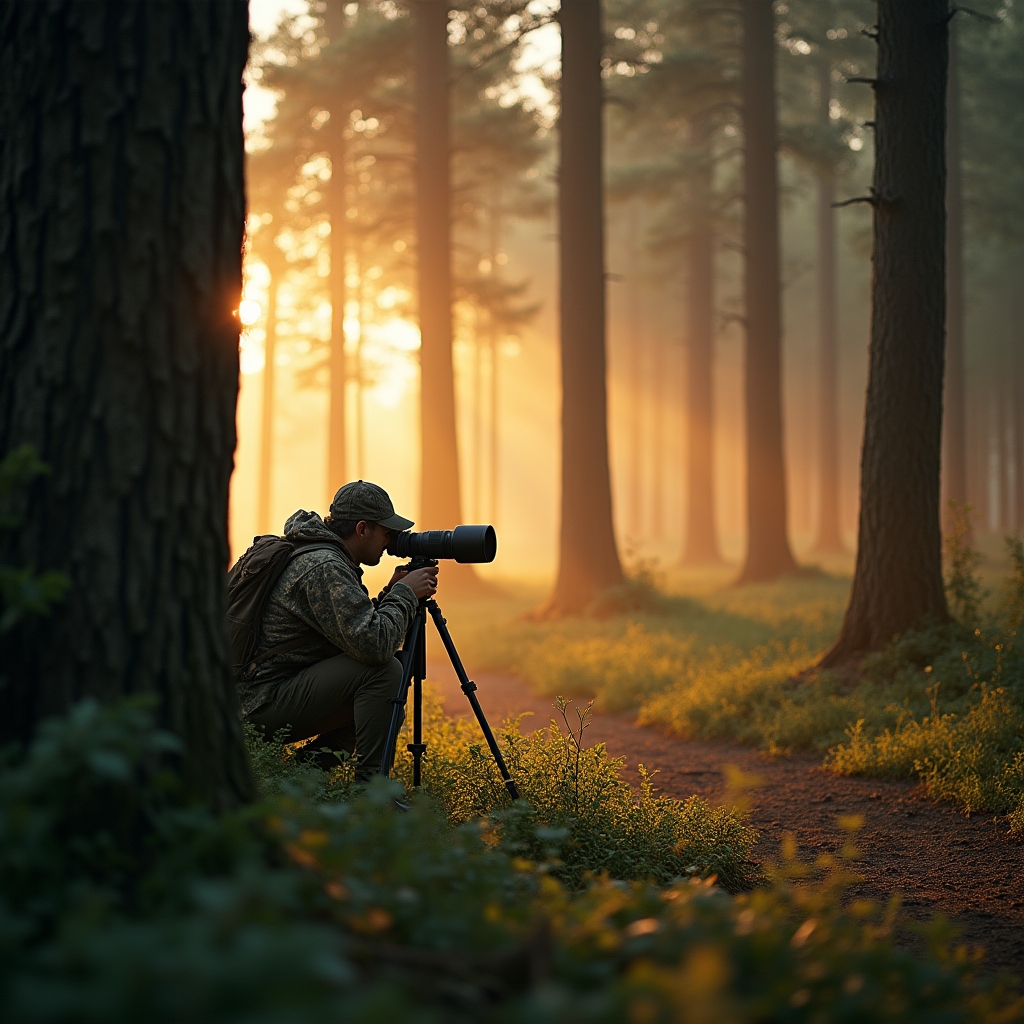 Fotograf przyrody o świcie w polskim lesie z aparatem na statywie