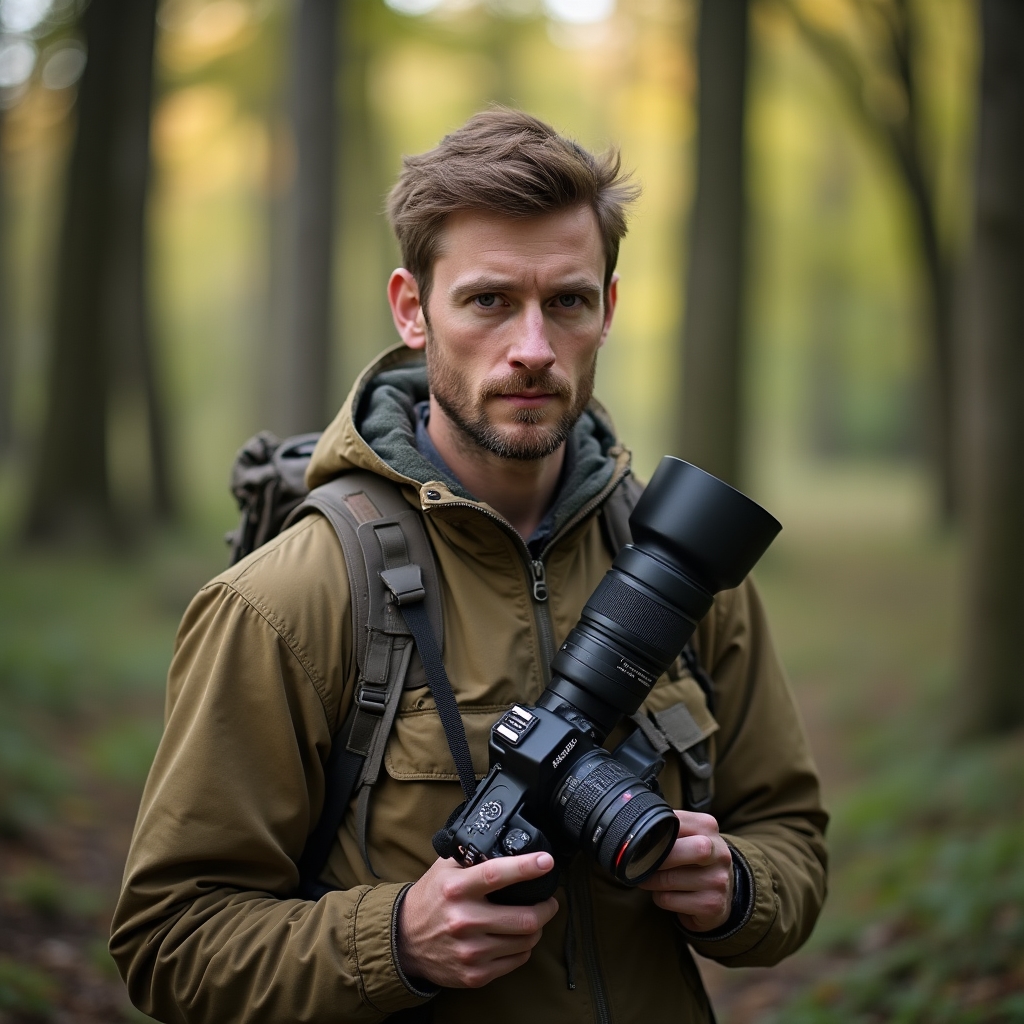 Portret fotografa przyrody z aparatem w terenie leśnym