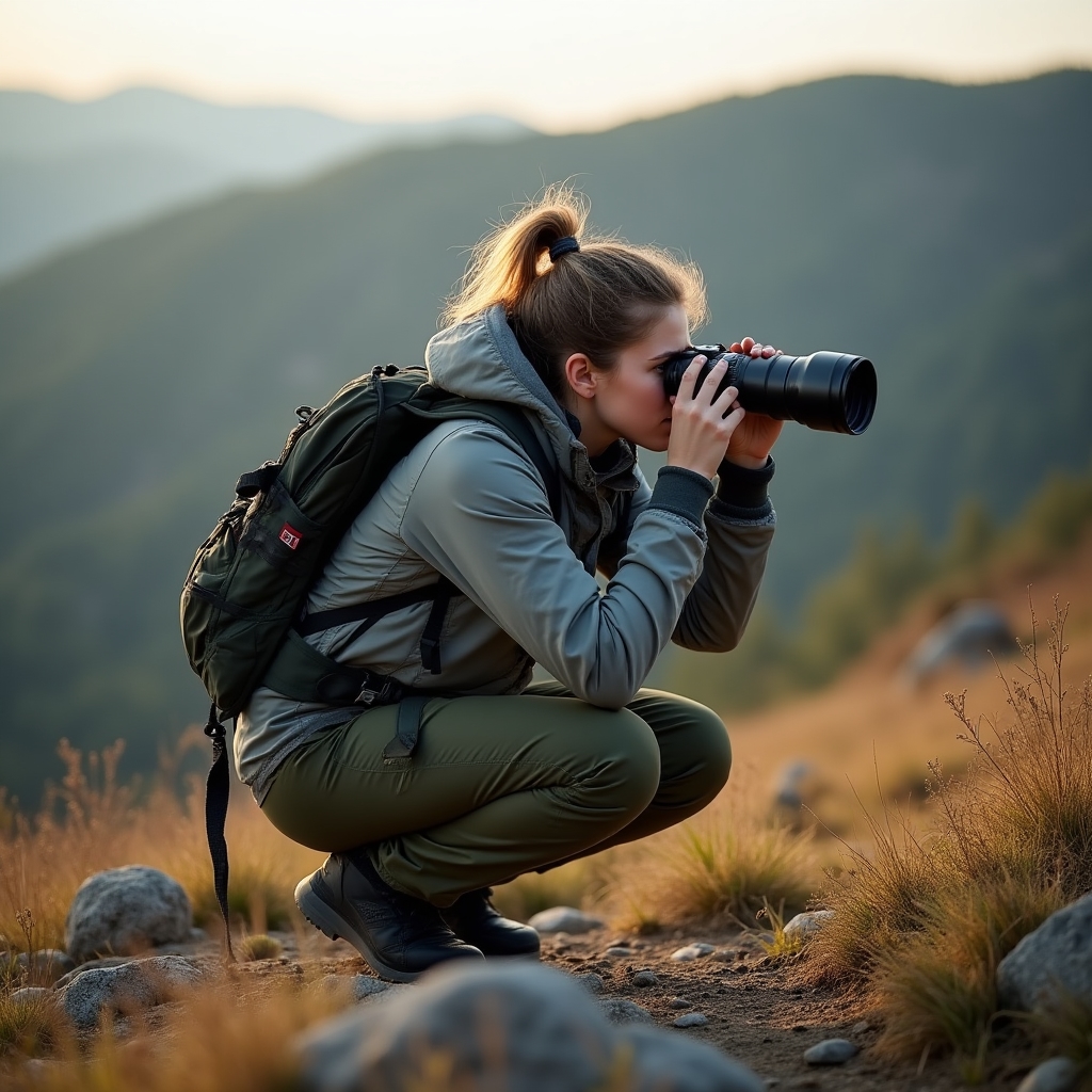 Fotografka ssaków z lornetką w terenie górskim w Polsce