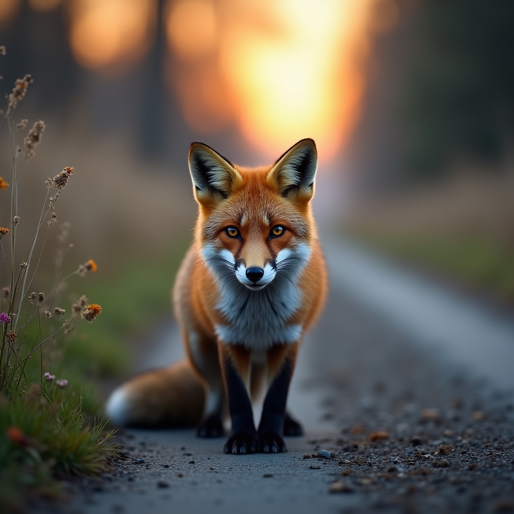 Lis na polnej drodze o świcie — fotografia ssaków