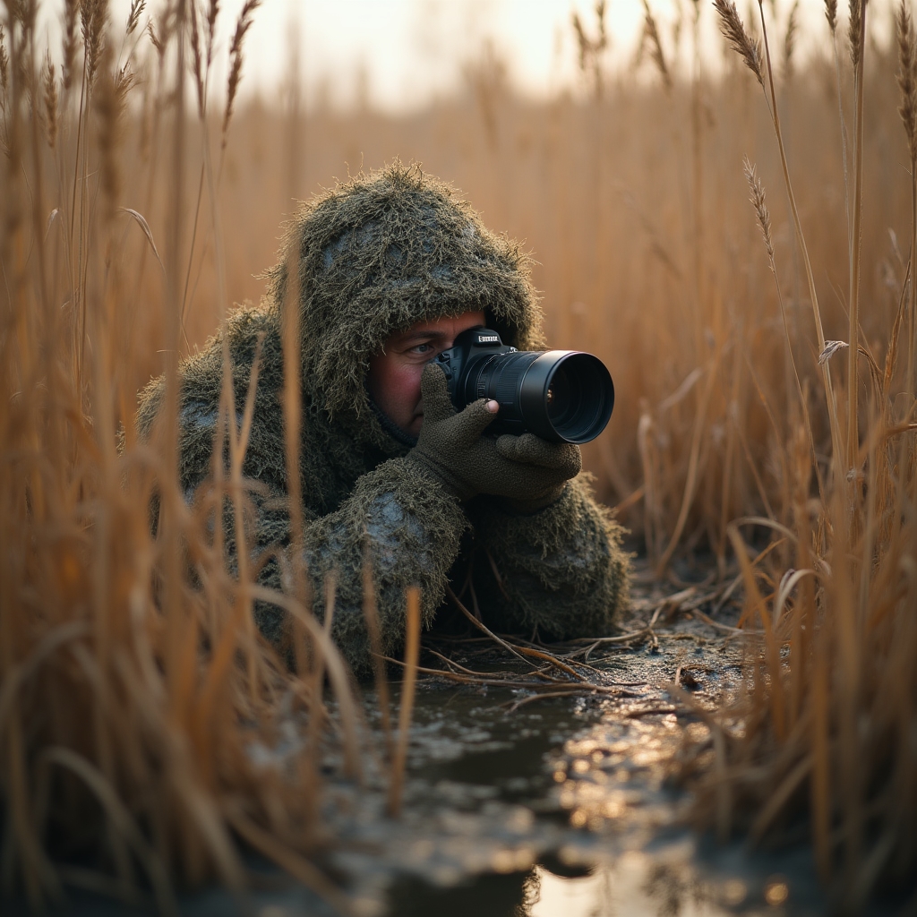 Fotograf w stroju ghillie obserwujący ptaki w trzcinach